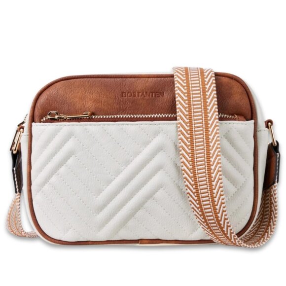 Bostanten Handbags - Bostanten Bag Crossbody Zip Nola Style Quilted Vegan Leather Brown & White W OS